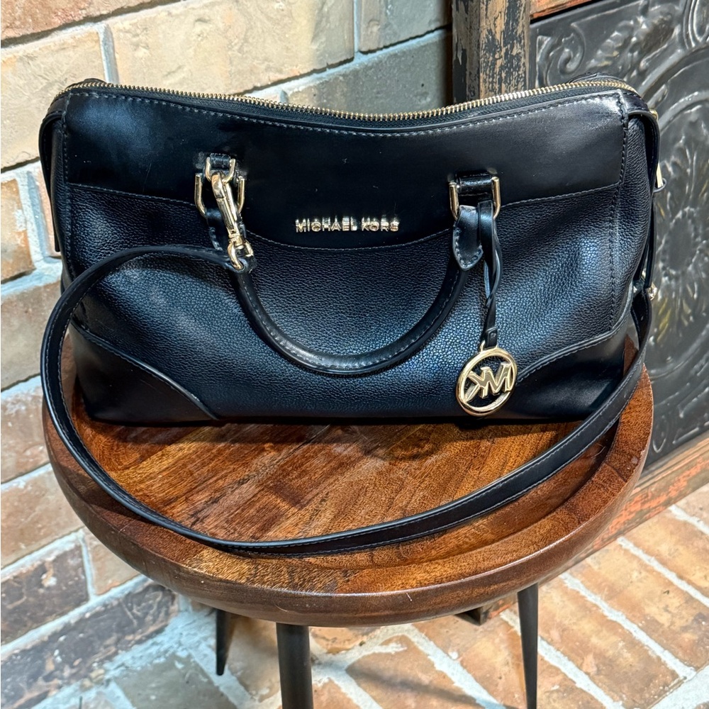 Michael Kors Black Leather Satchel with Gold Accents